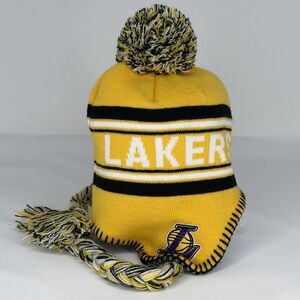 LA Lakers Youth Beanie Knit Pom Braid Basketball NBA Los Angeles Yellow Purple